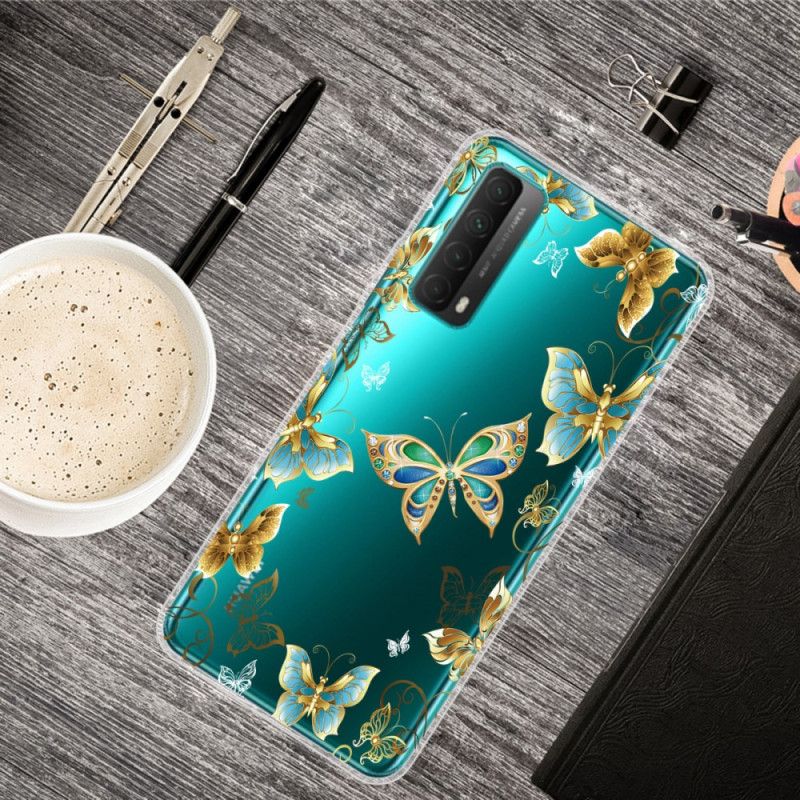 Cover Hoesje Huawei P Smart 2021 Goud Donkerblauw Telefoonhoesje Vlinders