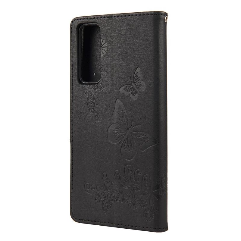 Flip Case Leren Huawei P Smart 2021 Grijs Zwart Prachtige String Vlinders