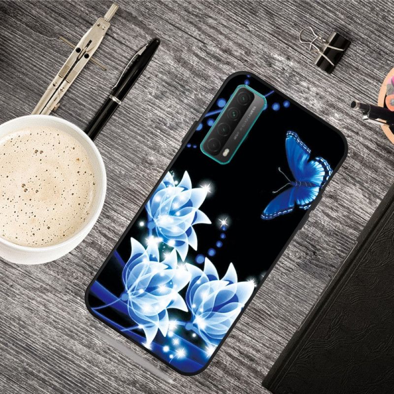 Hoesje Huawei P Smart 2021 Vlinder En Blauwe Bloemen