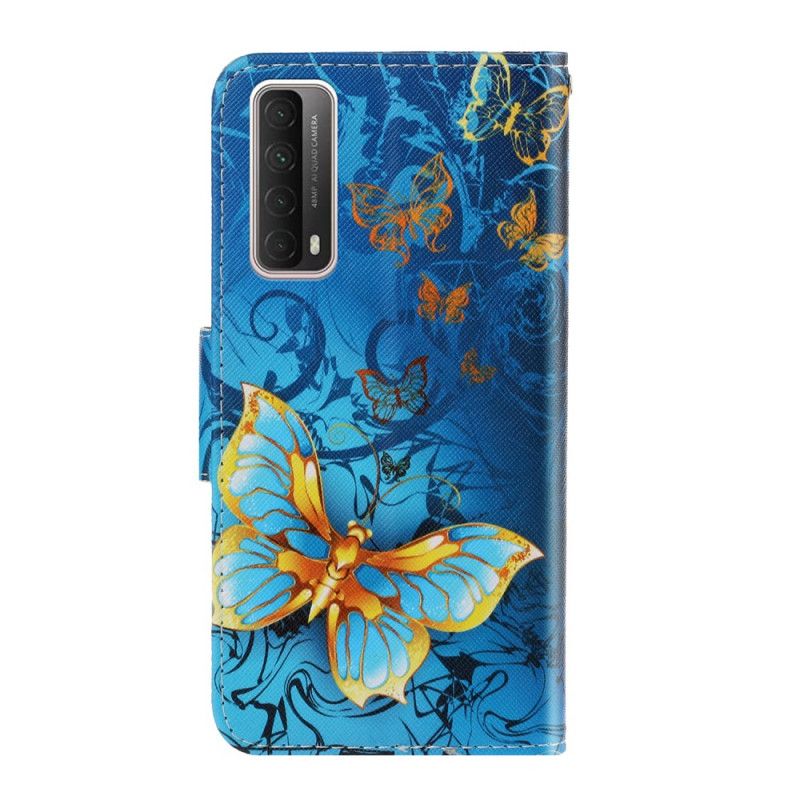 Leren Hoesje Huawei P Smart 2021 Lichtblauw Grijs Telefoonhoesje Vlindervariaties Met String