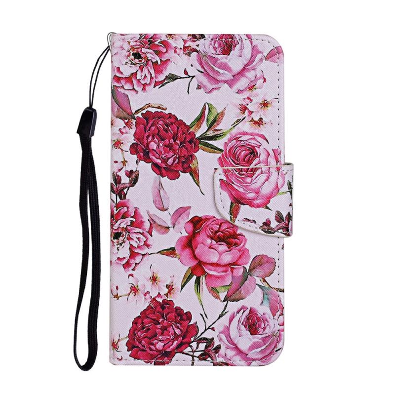 Leren Hoesje Huawei P Smart 2021 Lichtblauw Magenta Meesterlijke Bloemen Met String