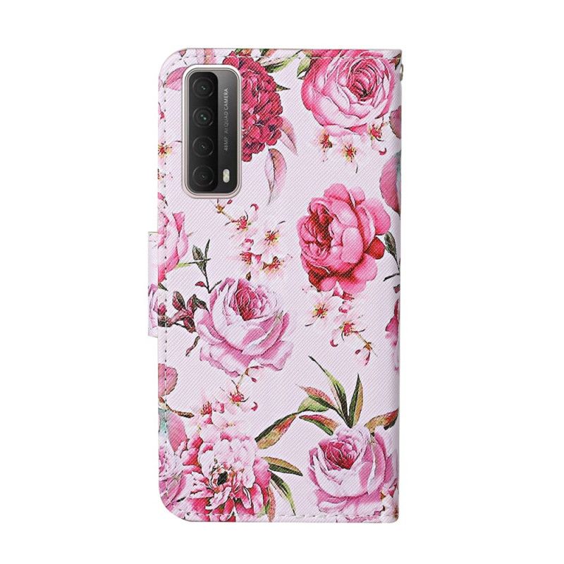 Leren Hoesje Huawei P Smart 2021 Lichtblauw Magenta Meesterlijke Bloemen Met String