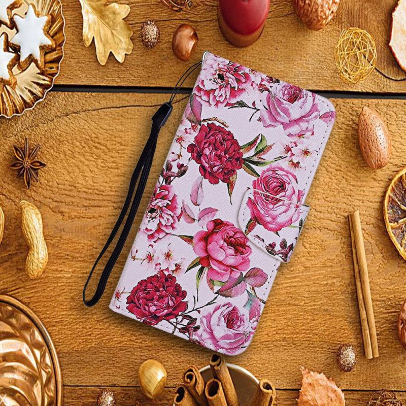 Leren Hoesje Huawei P Smart 2021 Lichtblauw Magenta Meesterlijke Bloemen Met String