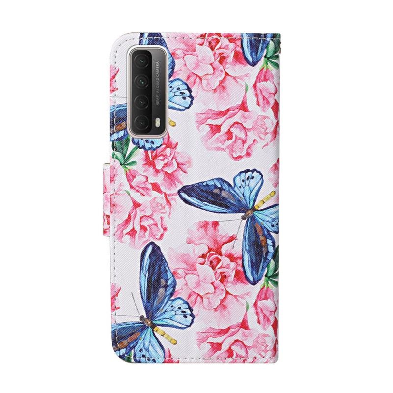 Leren Hoesje Huawei P Smart 2021 Roze Magenta String Bloemenvlinders