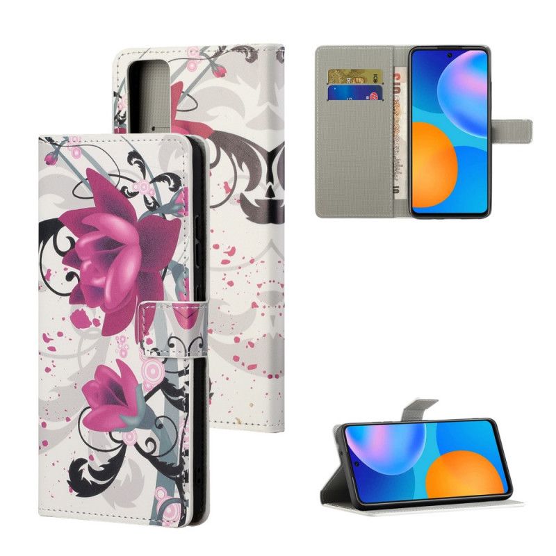 Leren Hoesje Huawei P Smart 2021 Roze Magenta Tropische Bloemen