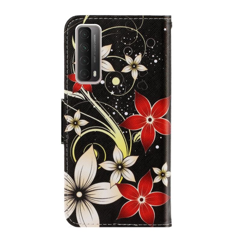 Leren Hoesje voor Huawei P Smart 2021 Grijs Zwart Kleurrijke Stringbloemen