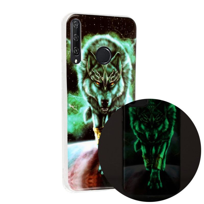 Cover Hoesje Huawei Y6p Donkerblauw Zwart Telefoonhoesje Serie Fluorescerende Wolven