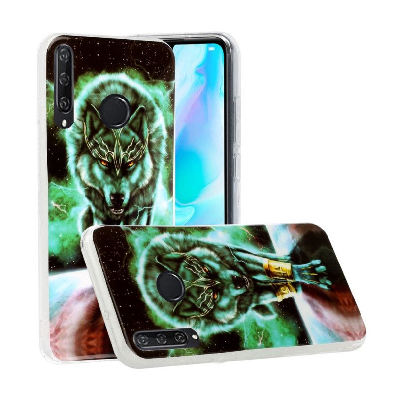 Cover Hoesje Huawei Y6p Donkerblauw Zwart Telefoonhoesje Serie Fluorescerende Wolven