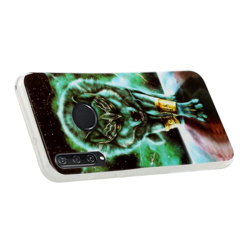 Cover Hoesje Huawei Y6p Donkerblauw Zwart Telefoonhoesje Serie Fluorescerende Wolven