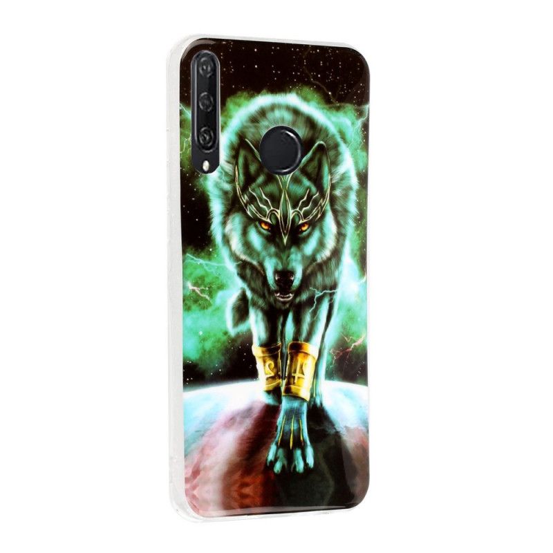 Cover Hoesje Huawei Y6p Donkerblauw Zwart Telefoonhoesje Serie Fluorescerende Wolven