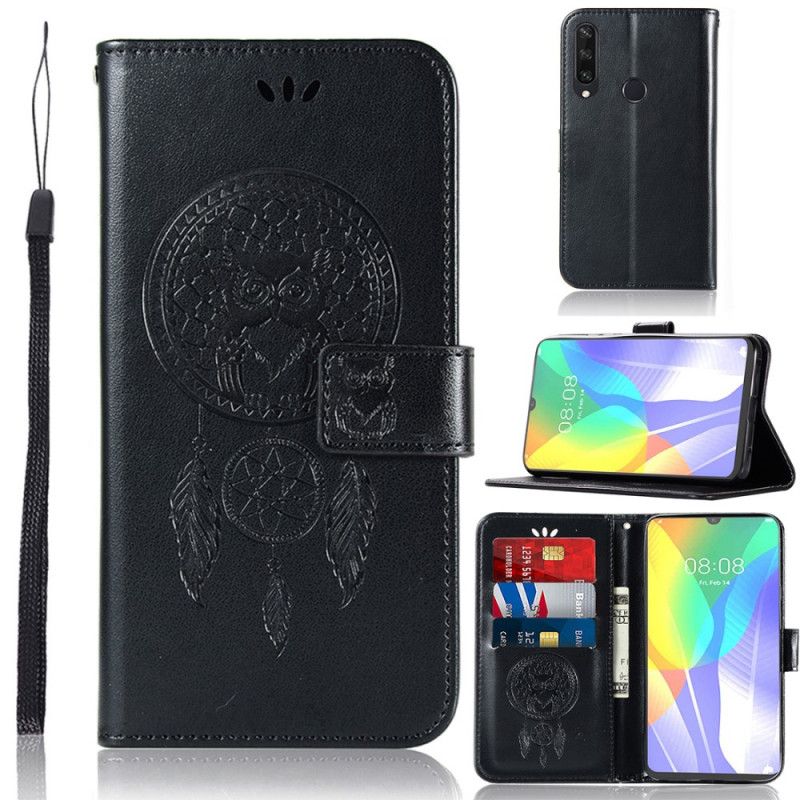 Flip Case Leren Huawei Y6p Lichtblauw Zwart Uil Dromenvanger Met Leereffect