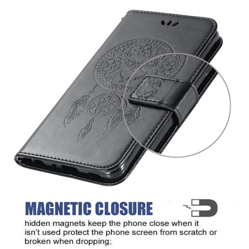 Flip Case Leren Huawei Y6p Lichtblauw Zwart Uil Dromenvanger Met Leereffect