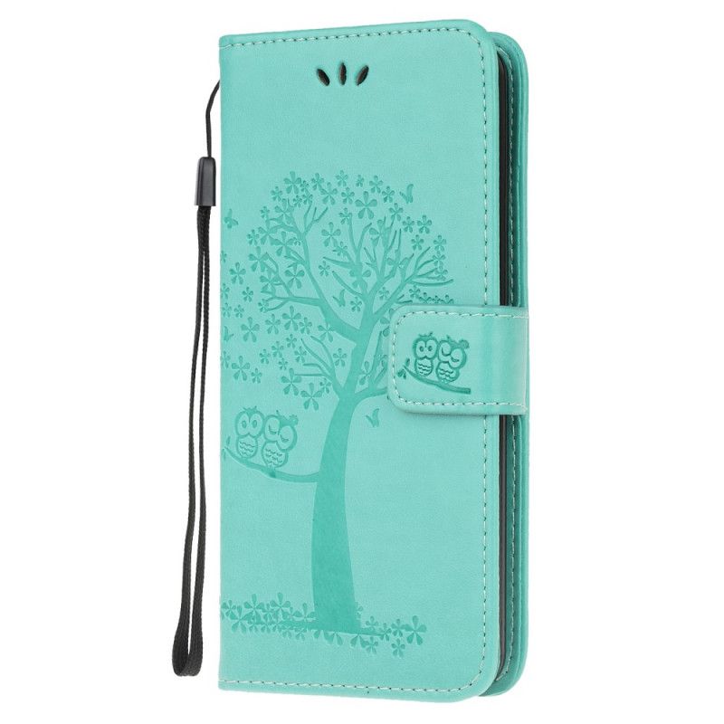 Flip Case Leren Huawei Y6p Lichtpaars Boom En String Uilen