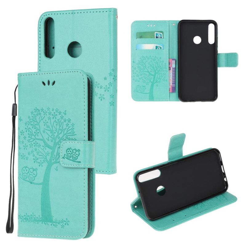 Flip Case Leren Huawei Y6p Lichtpaars Boom En String Uilen