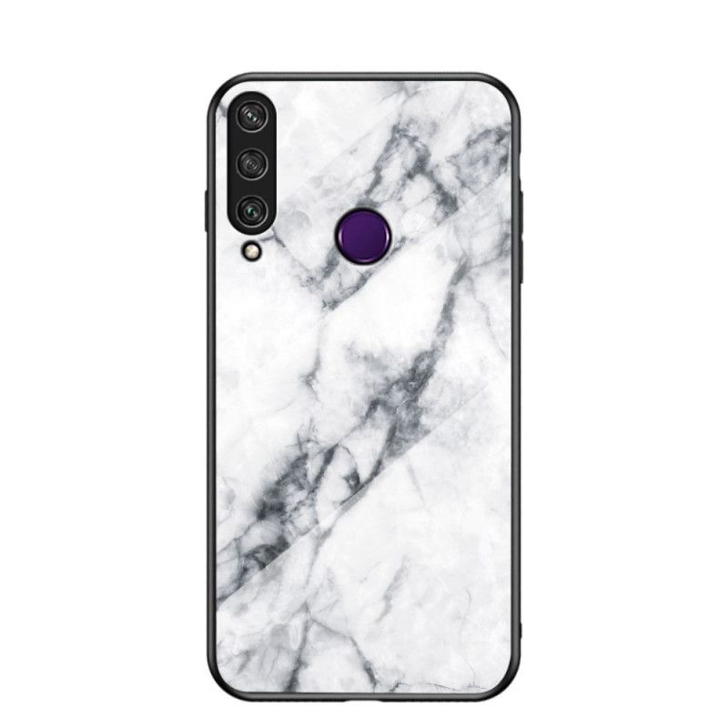 Hoesje Huawei Y6p Wit Zwart Marmeren Kleuren Gehard Glas