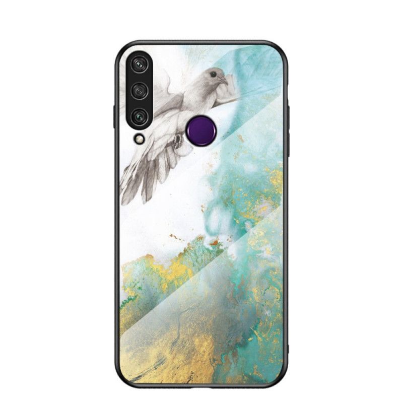 Hoesje Huawei Y6p Wit Zwart Marmeren Kleuren Gehard Glas