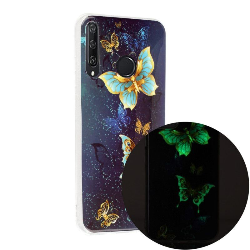 Hoesje voor Huawei Y6p Paars Lichtblauw Serie Fluorescerende Vlinder