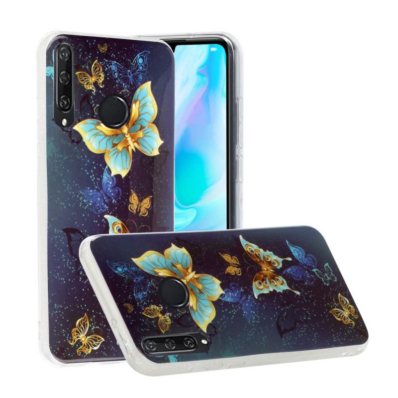 Hoesje voor Huawei Y6p Paars Lichtblauw Serie Fluorescerende Vlinder