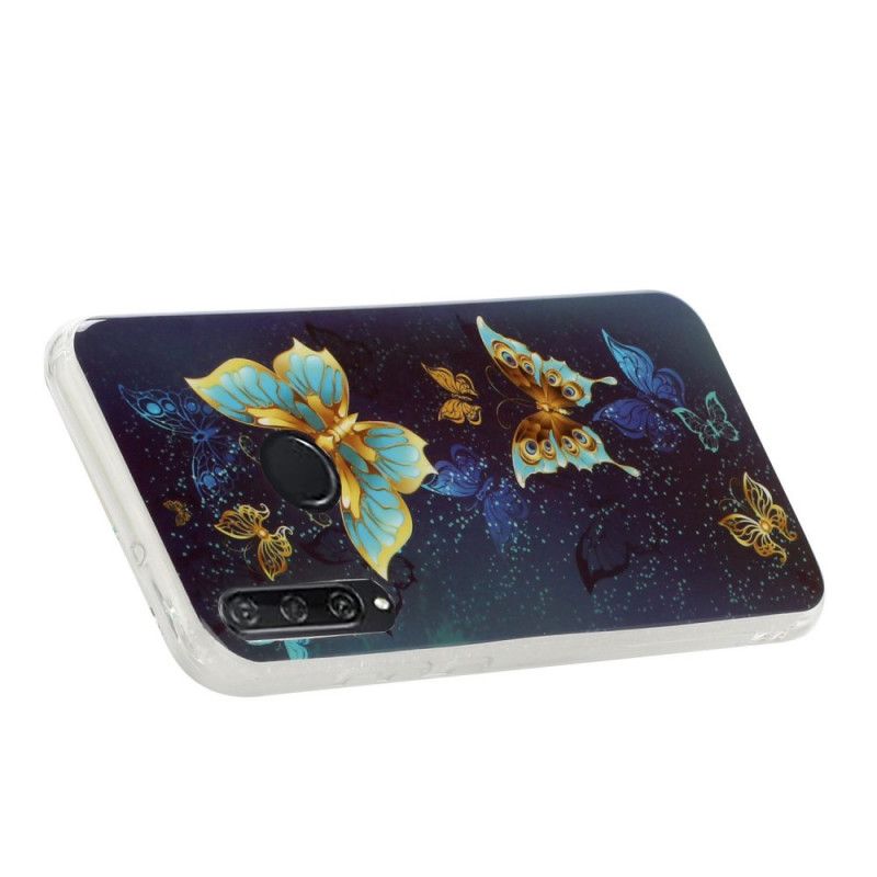 Hoesje voor Huawei Y6p Paars Lichtblauw Serie Fluorescerende Vlinder