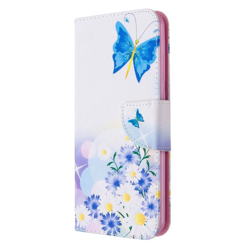 Leren Hoesje Huawei Y6p Lichtblauw Magenta Telefoonhoesje Geschilderde Vlinders En Bloemen