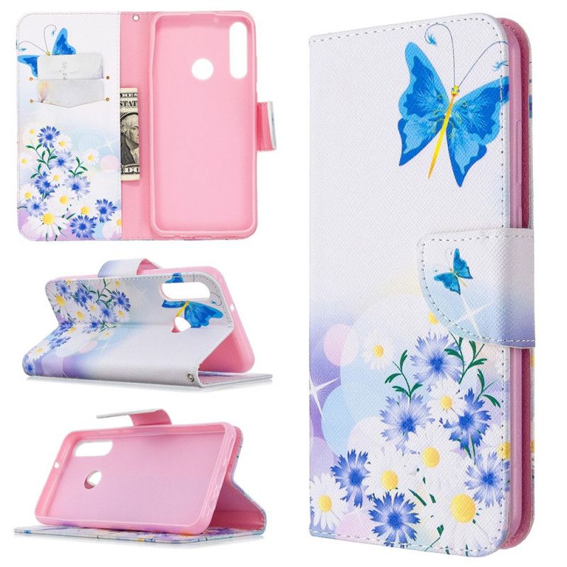 Leren Hoesje Huawei Y6p Lichtblauw Magenta Telefoonhoesje Geschilderde Vlinders En Bloemen