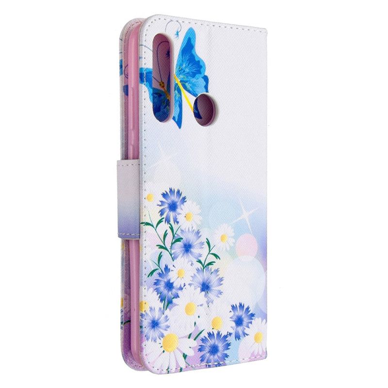 Leren Hoesje Huawei Y6p Lichtblauw Magenta Telefoonhoesje Geschilderde Vlinders En Bloemen