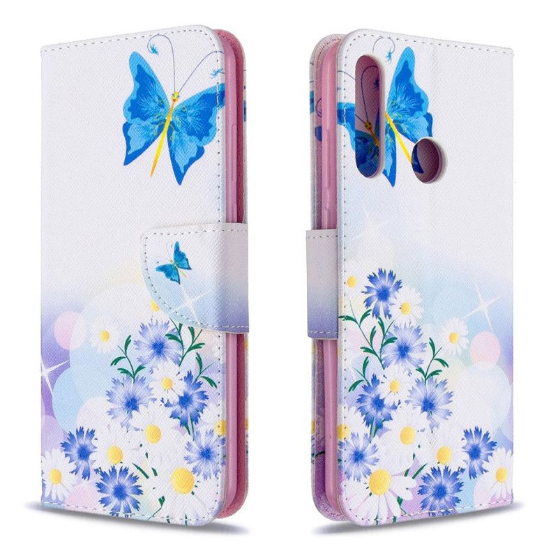 Leren Hoesje Huawei Y6p Lichtblauw Magenta Telefoonhoesje Geschilderde Vlinders En Bloemen