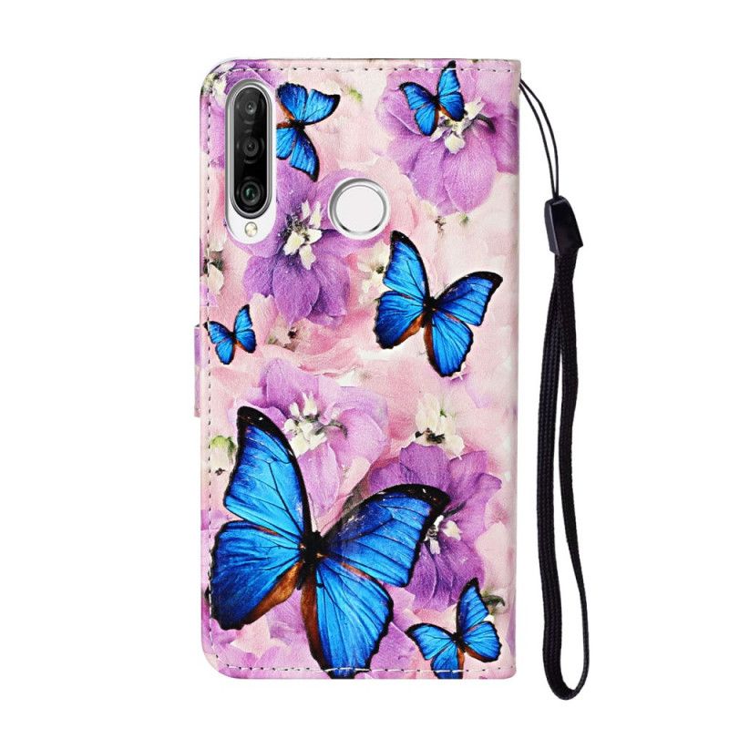 Leren Hoesje voor Huawei Y6p Blauwe Vlinders In De Bloemen