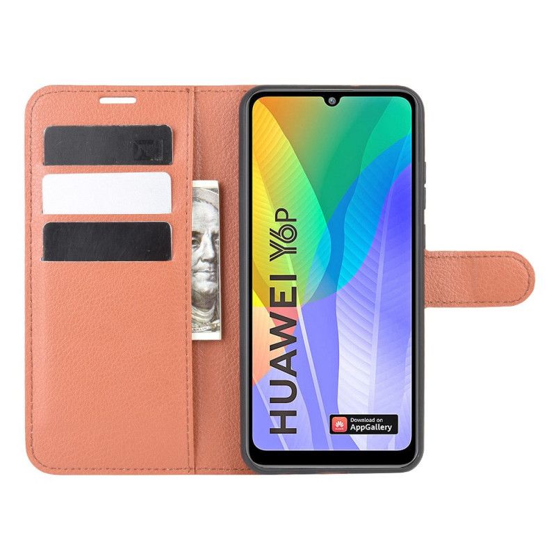 Leren Hoesje voor Huawei Y6p Wit Zwart Klassiek Lychee Kunstleer