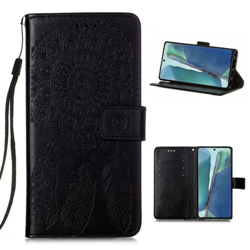 Bescherming Hoesje Samsung Galaxy Note 20 Grijs Zwart Dromenvangerprint En Lanyard