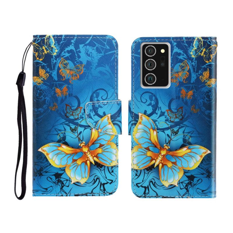 Flip Case Leren Samsung Galaxy Note 20 Donkerblauw Zwart Vlindervariaties Met String