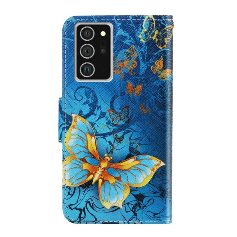 Flip Case Leren Samsung Galaxy Note 20 Donkerblauw Zwart Vlindervariaties Met String