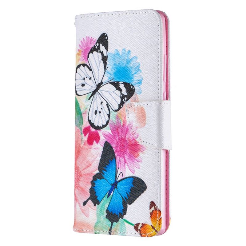 Flip Case Leren Samsung Galaxy Note 20 Lichtblauw Magenta Geschilderde Vlinders En Bloemen