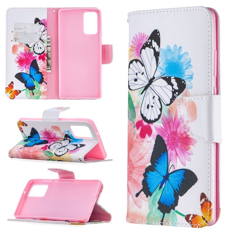 Flip Case Leren Samsung Galaxy Note 20 Lichtblauw Magenta Geschilderde Vlinders En Bloemen