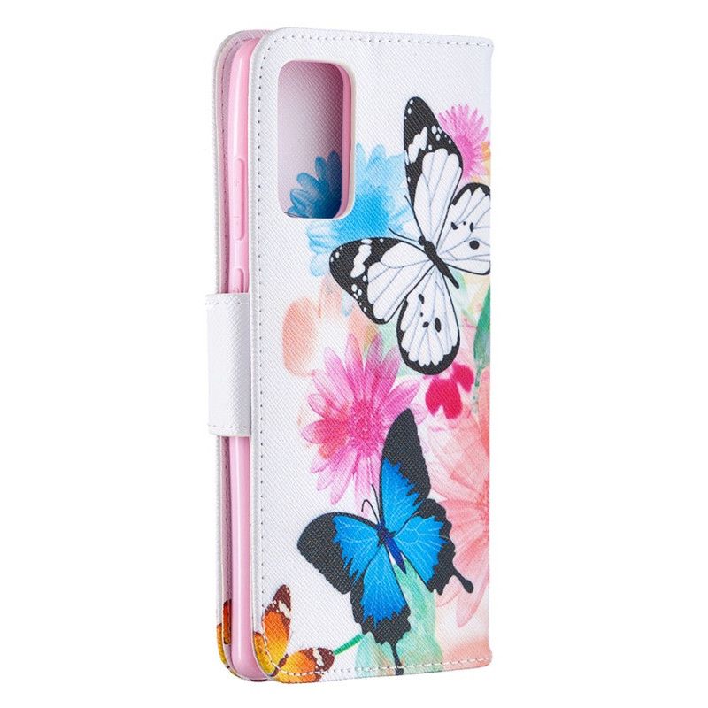 Flip Case Leren Samsung Galaxy Note 20 Lichtblauw Magenta Geschilderde Vlinders En Bloemen