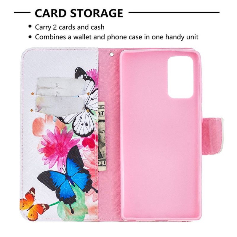 Flip Case Leren Samsung Galaxy Note 20 Lichtblauw Magenta Geschilderde Vlinders En Bloemen