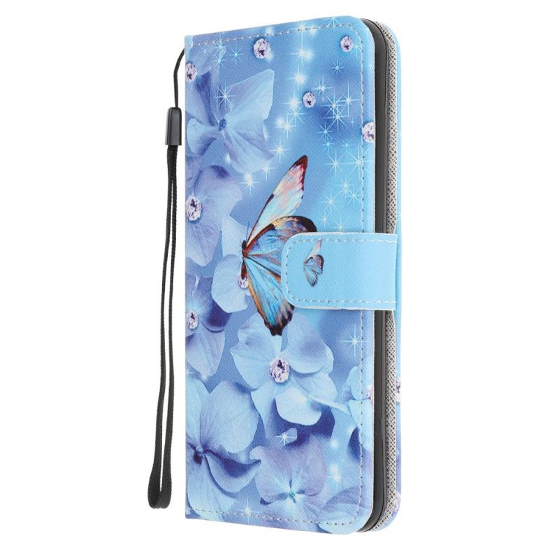 Leren Hoesje Samsung Galaxy Note 20 Diamanten Vlinders Met String