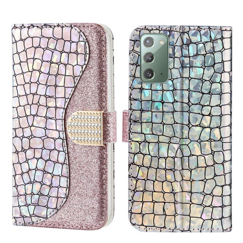 Leren Hoesje Samsung Galaxy Note 20 Lichtblauw Groen Krokodil Diamanten