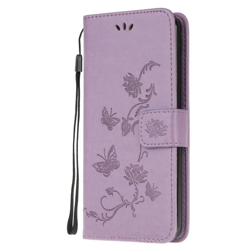 Leren Hoesje voor Samsung Galaxy Note 20 Grijs Zwart Vlinders En Stringbloemen