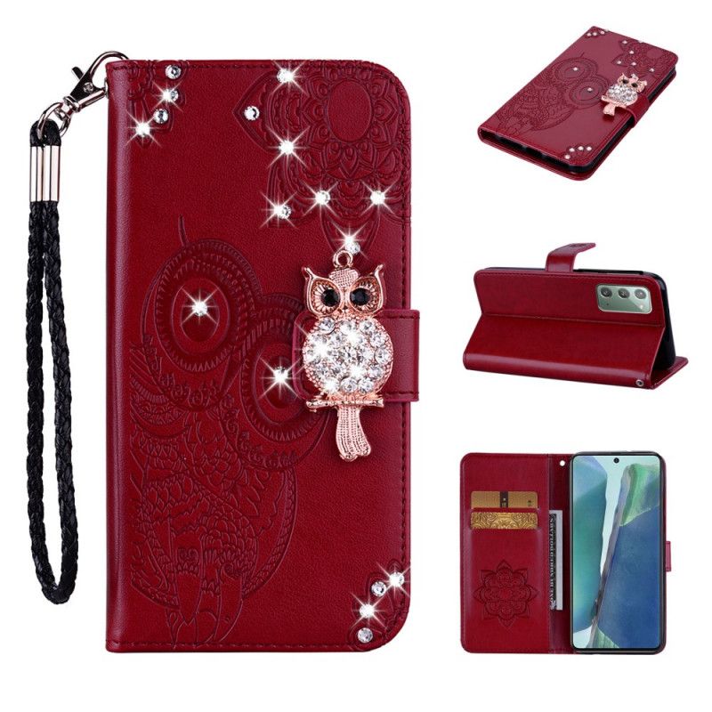 Leren Hoesje voor Samsung Galaxy Note 20 Magenta Grijs Uil Mandala En Bedel