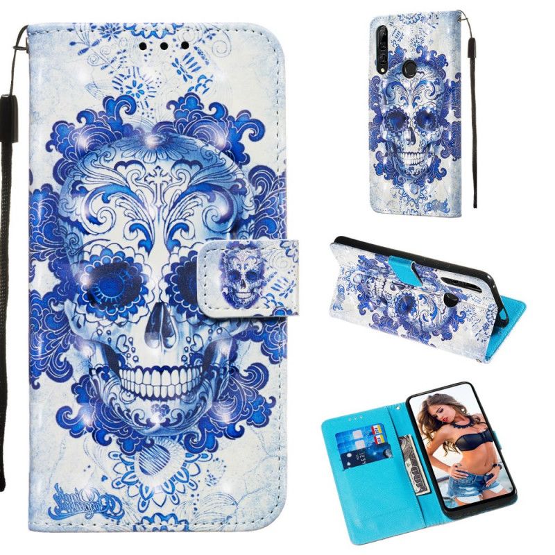 Leren Hoesje voor Huawei P Smart Z Donkerblauw Wit Gebloemde Schedel