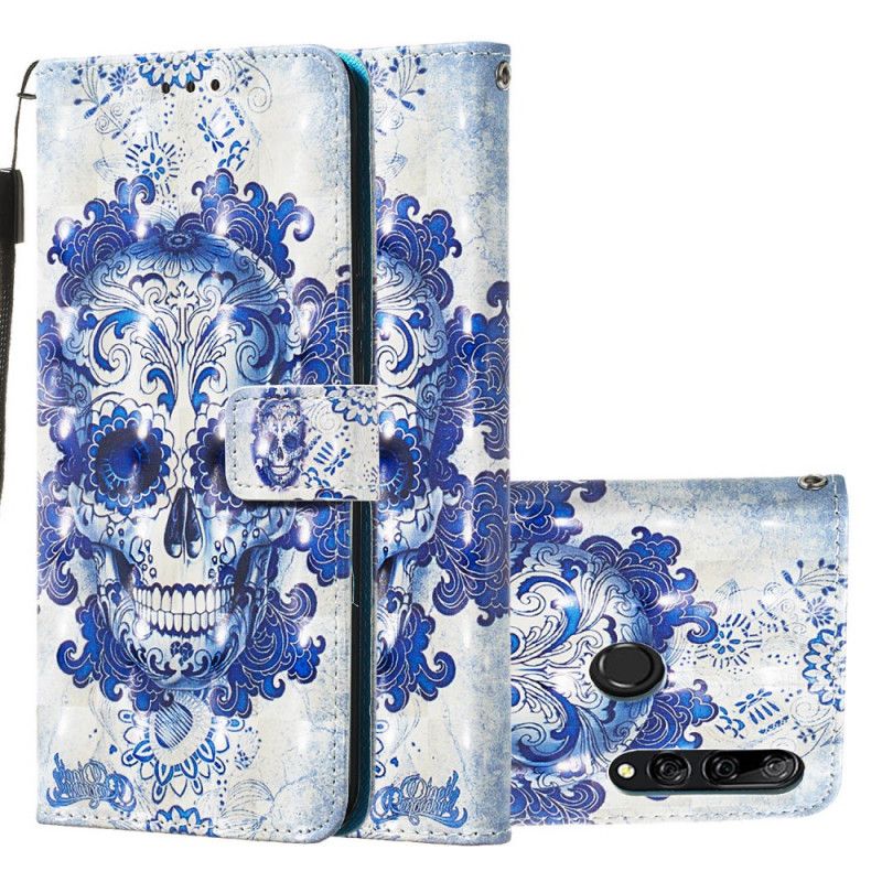 Leren Hoesje voor Huawei P Smart Z Donkerblauw Wit Gebloemde Schedel