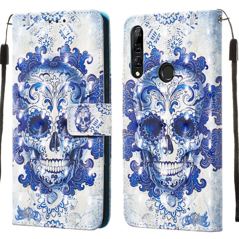 Leren Hoesje voor Huawei P Smart Z Donkerblauw Wit Gebloemde Schedel