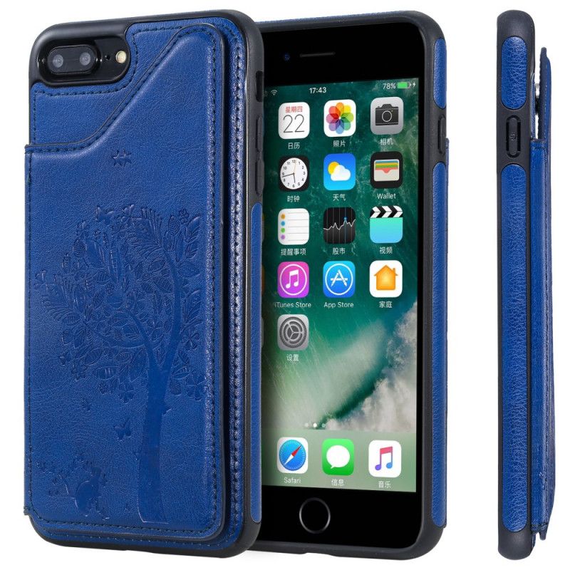 Hoesje iPhone 7 Plus / 8 Plus Donkerblauw Rood Kaarthouder Met Kattenprint