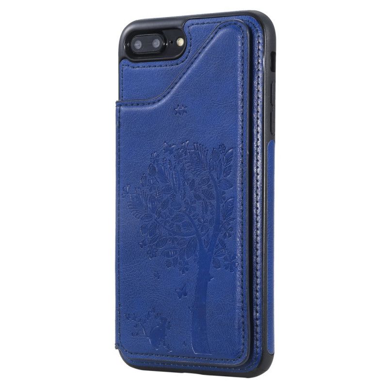 Hoesje iPhone 7 Plus / 8 Plus Donkerblauw Rood Kaarthouder Met Kattenprint