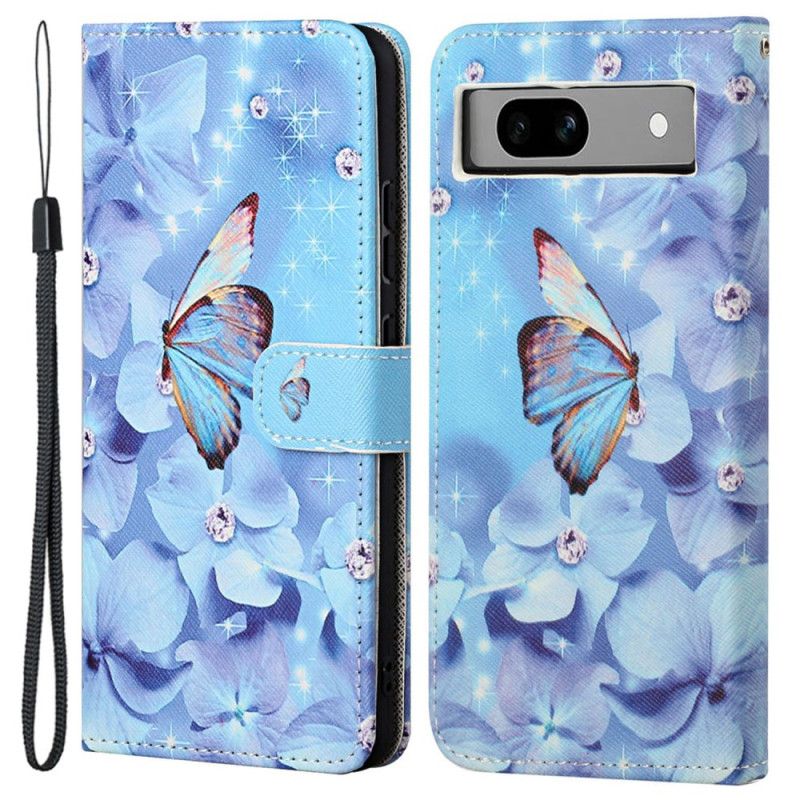 Folio-hoesje Google Pixel 8a Telefoonhoesje Blauwe Bloemen En Vlinders Met Riempje