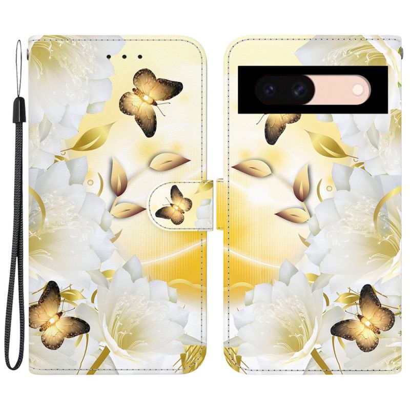 Folio-hoesje Google Pixel 8a Telefoonhoesje Gouden Vlinders En Witte Bloemen Met Riem