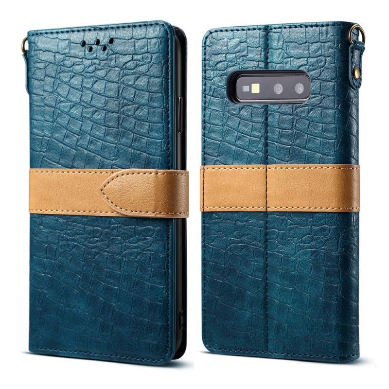 Leren Hoesje Samsung Galaxy S10e Bruin Donkerblauw Telefoonhoesje Krokodil En Riem