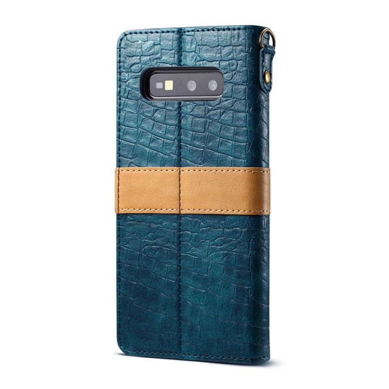 Leren Hoesje Samsung Galaxy S10e Bruin Donkerblauw Telefoonhoesje Krokodil En Riem