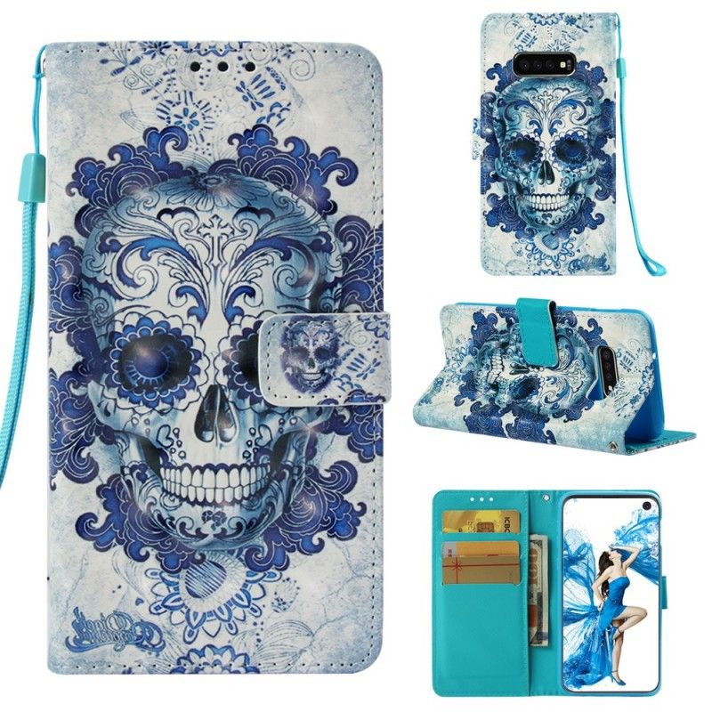 Leren Hoesje Samsung Galaxy S10e Telefoonhoesje Blauwe Schedel